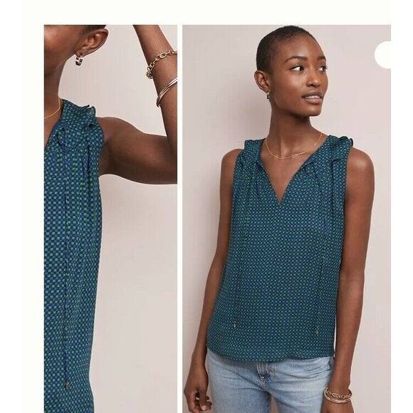 Maeve (M) Anderson Sleeveless Top Anthropologie Green Blue Checker Tie Ruffle - Picture 5 of 13